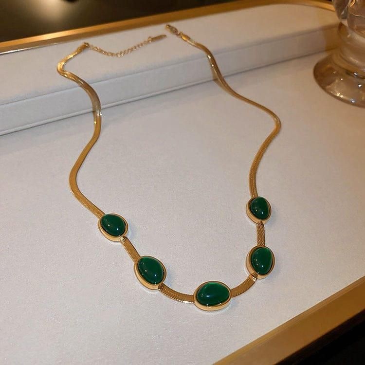 Oval Green Crystal Pendant Necklace Set with Bracelet for Women | Gold Plated Stainless Steel Jewelry | Oval Green Crystal Pendant Necklace Set With Bracelet