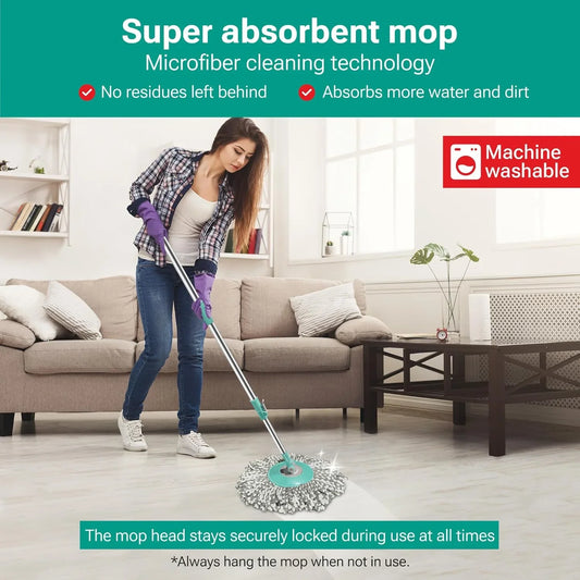 Spotzero by Milton Mini Spin Mop with Puller Handle, Bucket Floor Cleaning and Mopping System 360° Flexible,1 Microfiber Refills, Big Size, Aqua Green