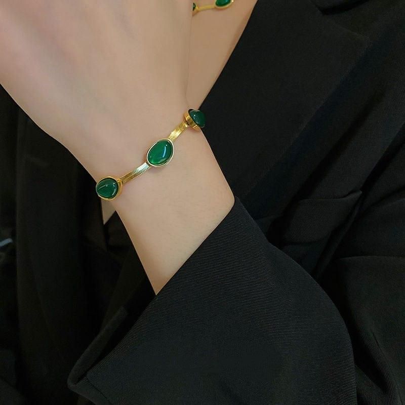 Oval Green Crystal Pendant Necklace Set with Bracelet for Women | Gold Plated Stainless Steel Jewelry | Oval Green Crystal Pendant Necklace Set With Bracelet
