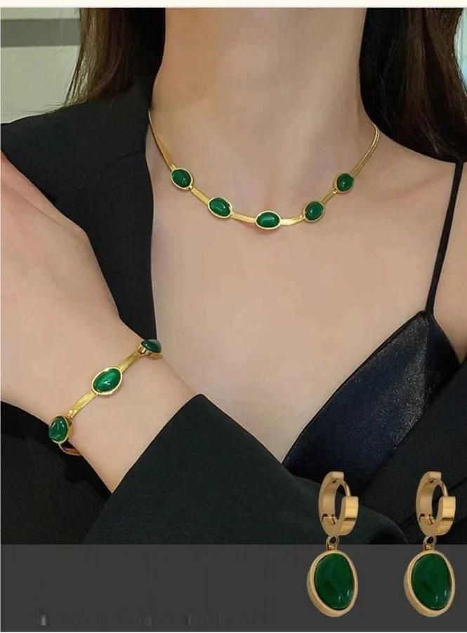 Oval Green Crystal Pendant Necklace Set with Bracelet for Women | Gold Plated Stainless Steel Jewelry | Oval Green Crystal Pendant Necklace Set With Bracelet